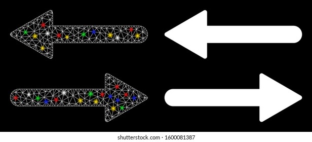 Glossy mesh arrows exchange horizontal icon with glare effect. Abstract illuminated model of arrows exchange horizontal. Shiny wire carcass triangular mesh arrows exchange horizontal icon.