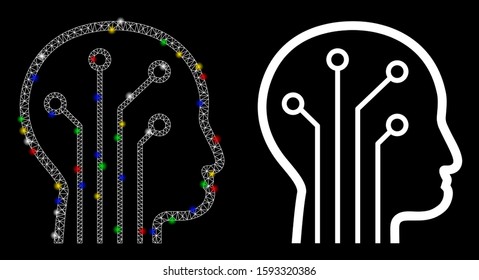 Glossy mesh artificial intelligence icon with glare effect. Abstract illuminated model of artificial intelligence. Shiny wire frame triangular mesh artificial intelligence icon.