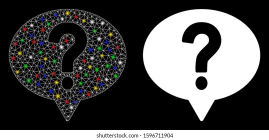 Glossy mesh ask icon with lightspot effect. Abstract illuminated model of ask. Shiny wire carcass triangular network ask icon. Vector abstraction on a black background.