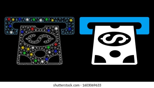 Glossy mesh ATM cashout icon with glare effect. Abstract illuminated model of ATM cashout. Shiny wire carcass triangular mesh ATM cashout icon. Vector abstraction on a black background.