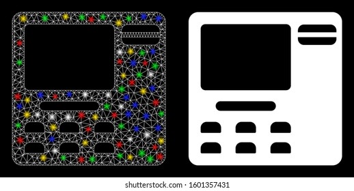 Glossy mesh ATM device icon with sparkle effect. Abstract illuminated model of ATM device. Shiny wire carcass triangular mesh ATM device icon. Vector abstraction on a black background.