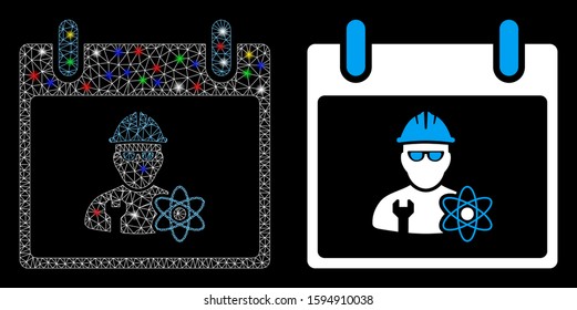 Glossy mesh atomic engineer calendar day icon with glare effect. Abstract illuminated model of atomic engineer calendar day. Shiny wire carcass triangular network atomic engineer calendar day icon.