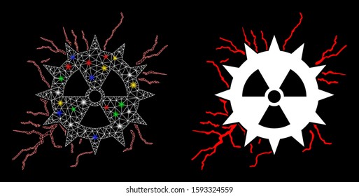 Glossy mesh atomic power sparks icon with glare effect. Abstract illuminated model of atomic power sparks. Shiny wire frame triangular mesh atomic power sparks icon.