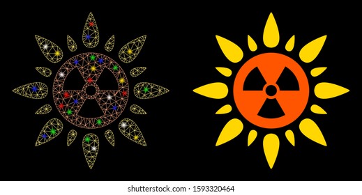 Glossy mesh atomic radiation icon with glow effect. Abstract illuminated model of atomic radiation. Shiny wire frame triangular mesh atomic radiation icon. Vector abstraction on a black background.