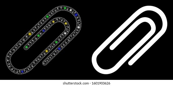 Glossy mesh attach paperclip icon with glow effect. Abstract illuminated model of attach paperclip. Shiny wire carcass triangular mesh attach paperclip icon. Vector abstraction on a black background.