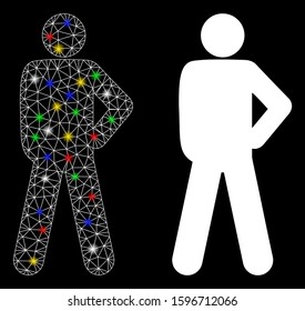 Glossy mesh audacity pose icon with glare effect. Abstract illuminated model of audacity pose. Shiny wire frame triangular mesh audacity pose icon. Vector abstraction on a black background.