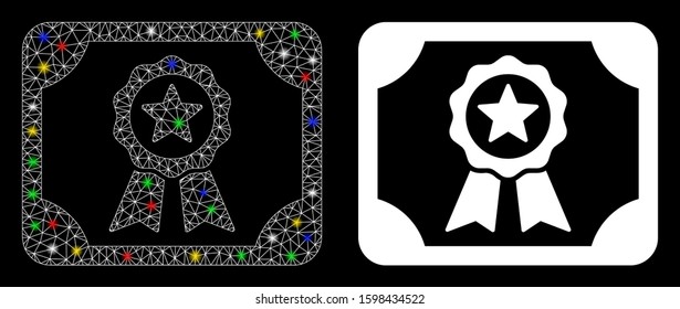 Glossy mesh authorize diploma icon with glare effect. Abstract illuminated model of authorize diploma. Shiny wire carcass polygonal mesh authorize diploma icon.
