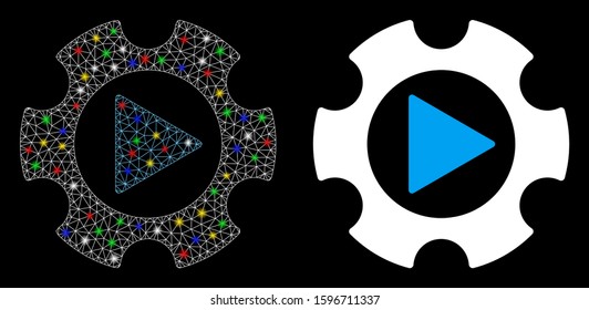 Glossy mesh automation gear icon with lightspot effect. Abstract illuminated model of automation gear. Shiny wire frame polygonal mesh automation gear icon. Vector abstraction on a black background.