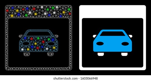 Glossy mesh automobile car calendar page icon with lightspot effect. Abstract illuminated model of automobile car calendar page. Shiny wire carcass polygonal mesh automobile car calendar page icon.