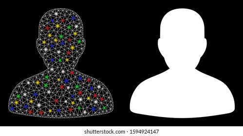 Glossy mesh avatar icon with lightspot effect. Abstract illuminated model of avatar. Shiny wire frame triangular mesh avatar icon. Vector abstraction on a black background.