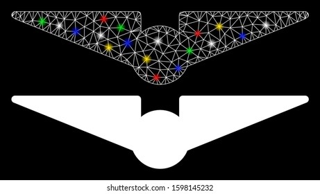 Glossy mesh aviation icon with sparkle effect. Abstract illuminated model of aviation. Shiny wire carcass triangular mesh aviation icon. Vector abstraction on a black background.