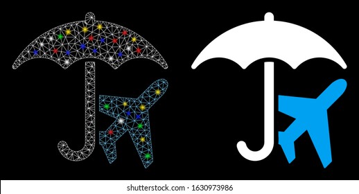 Glossy mesh aviation umbrella icon with lightspot effect. Abstract illuminated model of aviation umbrella. Shiny wire frame triangular mesh aviation umbrella icon.