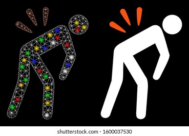 Glossy mesh backache icon with sparkle effect. Abstract illuminated model of backache. Shiny wire frame triangular mesh backache icon. Vector abstraction on a black background.