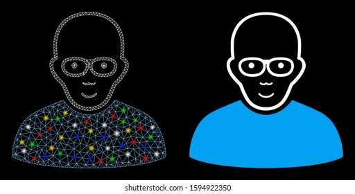 Glossy mesh bald man icon with glare effect. Abstract illuminated model of bald man. Shiny wire frame triangular network bald man icon. Vector abstraction on a black background.