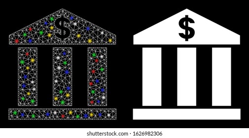 Glossy mesh bank building icon with lightspot effect. Abstract illuminated model of bank building. Shiny wire frame triangular mesh bank building icon. Vector abstraction on a black background.