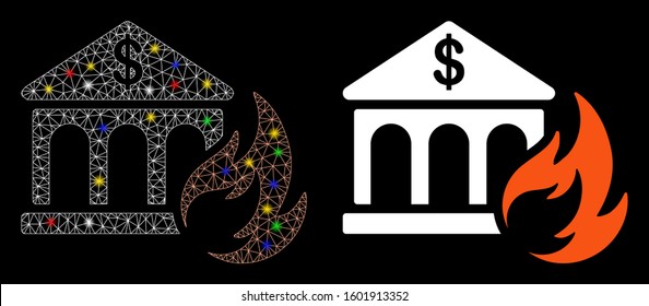 Glossy mesh bank fire disaster icon with glare effect. Abstract illuminated model of bank fire disaster. Shiny wire carcass polygonal mesh bank fire disaster icon.