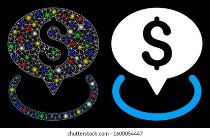 Glossy mesh bank location icon with glitter effect. Abstract illuminated model of bank location. Shiny wire carcass triangular mesh bank location icon. Vector abstraction on a black background.