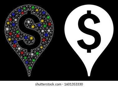 Glossy mesh bank map marker icon with glow effect. Abstract illuminated model of bank map marker. Shiny wire carcass polygonal mesh bank map marker icon. Vector abstraction on a black background.