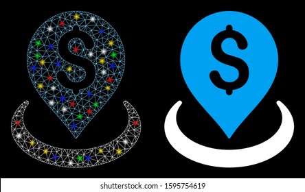 Glossy mesh bank placement icon with glow effect. Abstract illuminated model of bank placement. Shiny wire carcass triangular network bank placement icon. Vector abstraction on a black background.