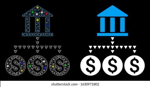 Glossy mesh bank structure icon with sparkle effect. Abstract illuminated model of bank structure. Shiny wire carcass polygonal mesh bank structure icon. Vector abstraction on a black background.