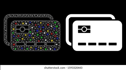 Glossy mesh banking cards icon with glitter effect. Abstract illuminated model of banking cards. Shiny wire frame triangular mesh banking cards icon. Vector abstraction on a black background.