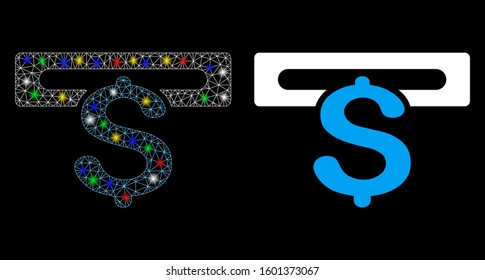 Glossy mesh banking machine icon with sparkle effect. Abstract illuminated model of banking machine. Shiny wire carcass polygonal mesh banking machine icon. Vector abstraction on a black background.