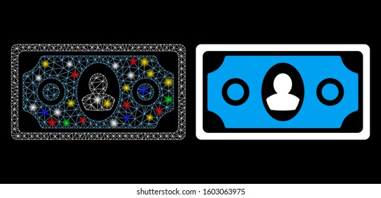 Glossy mesh banknote icon with glitter effect. Abstract illuminated model of banknote. Shiny wire frame polygonal mesh banknote icon. Vector abstraction on a black background.