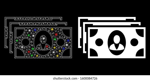 Glossy mesh banknotes icon with sparkle effect. Abstract illuminated model of banknotes. Shiny wire carcass polygonal mesh banknotes icon. Vector abstraction on a black background.