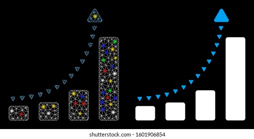 Glossy mesh bar chart positive trend icon with lightspot effect. Abstract illuminated model of bar chart positive trend. Shiny wire carcass polygonal network bar chart positive trend icon.
