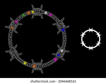 Glossy mesh barbed wire circle glare icon with lightspots. Illuminated vector constellation based on barbed wire circle icon. Sparkle frame mesh barbed wire circle on a black background.
