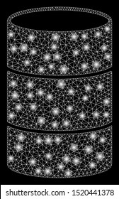 Glossy mesh barrel with sparkle effect. Abstract illuminated model of barrel icon. Shiny wire frame triangular mesh barrel. Vector abstraction on a black background.
