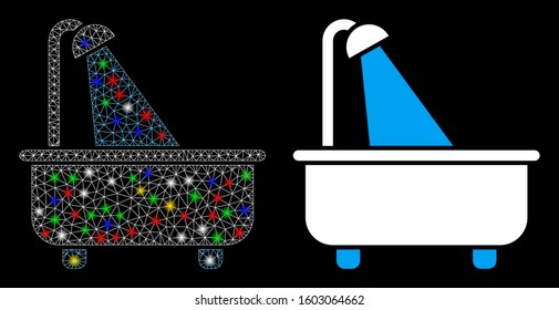 Glossy mesh bath icon with sparkle effect. Abstract illuminated model of bath. Shiny wire frame triangular mesh bath icon. Vector abstraction on a black background.