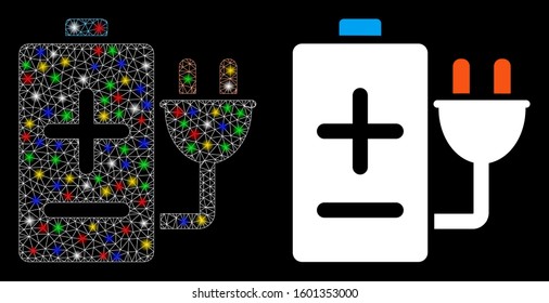 Glossy mesh battery charge icon with lightspot effect. Abstract illuminated model of battery charge. Shiny wire frame triangular mesh battery charge icon. Vector abstraction on a black background.