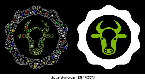 Glossy mesh beef certificate icon with sparkle effect. Abstract illuminated model of beef certificate. Shiny wire frame triangular mesh beef certificate icon. Vector abstraction on a black background.