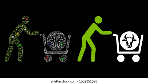 Glossy mesh beef purchase icon with glare effect. Abstract illuminated model of beef purchase. Shiny wire carcass polygonal mesh beef purchase icon. Vector abstraction on a black background.