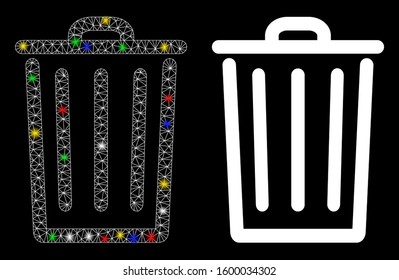 Glossy mesh bin icon with sparkle effect. Abstract illuminated model of bin. Shiny wire frame triangular network bin icon. Vector abstraction on a black background.