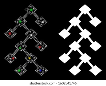 Glossy mesh binary tree icon with glare effect. Abstract illuminated model of binary tree. Shiny wire frame triangular mesh binary tree icon. Vector abstraction on a black background.