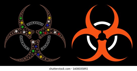 Glossy mesh bio hazard icon with glow effect. Abstract illuminated model of bio hazard. Shiny wire frame polygonal mesh bio hazard icon. Vector abstraction on a black background.