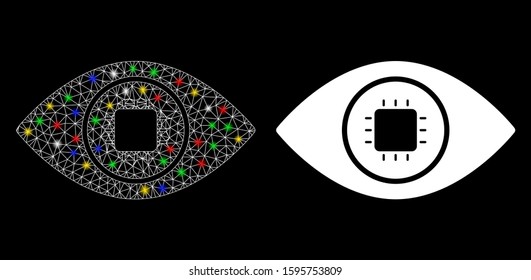 Glossy mesh bionic eye lens icon with glare effect. Abstract illuminated model of bionic eye lens. Shiny wire frame triangular mesh bionic eye lens icon. Vector abstraction on a black background.