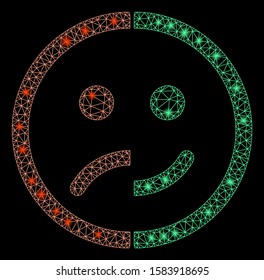 Glossy mesh bipolar emotion with glare effect. Abstract illuminated model of bipolar emotion icon. Shiny wire carcass triangular mesh bipolar emotion. Vector abstraction on a black background.