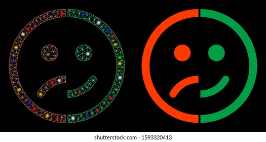 Glossy mesh bipolar emotion icon with glare effect. Abstract illuminated model of bipolar emotion. Shiny wire frame polygonal mesh bipolar emotion icon. Vector abstraction on a black background.