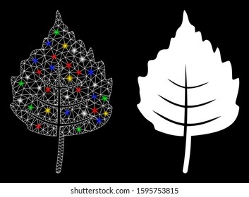 Glossy mesh birch leaf icon with glow effect. Abstract illuminated model of birch leaf. Shiny wire carcass triangular mesh birch leaf icon. Vector abstraction on a black background.
