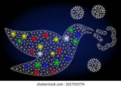 Glossy mesh bird flu with glare effect. Abstract illuminated vector model of bird flu icon on a dark blue gradiented background. White wire frame polygonal mesh bird flu.