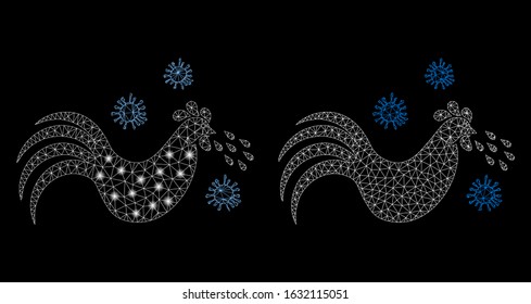 Glossy mesh bird flu with glow effect. Abstract illuminated model of bird flu icon. Shiny wire frame polygonal mesh bird flu icon. Vector abstraction on a black background.