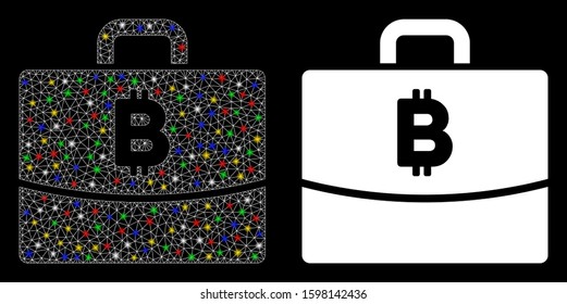 Glossy mesh Bitcoin accounting case icon with lightspot effect. Abstract illuminated model of Bitcoin accounting case. Shiny wire carcass triangular mesh Bitcoin accounting case icon.