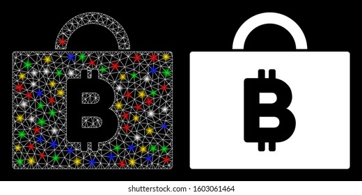 Glossy mesh Bitcoin accounting case icon with lightspot effect. Abstract illuminated model of Bitcoin accounting case. Shiny wire carcass polygonal mesh Bitcoin accounting case icon.
