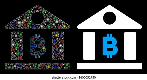 Glossy mesh Bitcoin bank building icon with glitter effect. Abstract illuminated model of Bitcoin bank building. Shiny wire carcass polygonal mesh Bitcoin bank building icon.
