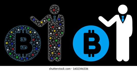 Glossy mesh Bitcoin banker icon with glitter effect. Abstract illuminated model of Bitcoin banker. Shiny wire frame polygonal mesh Bitcoin banker icon. Vector abstraction on a black background.