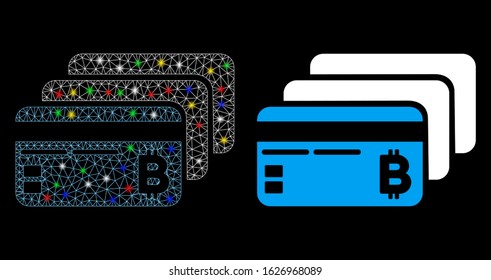 Glossy mesh Bitcoin banking cards icon with glare effect. Abstract illuminated model of Bitcoin banking cards. Shiny wire carcass polygonal mesh Bitcoin banking cards icon.