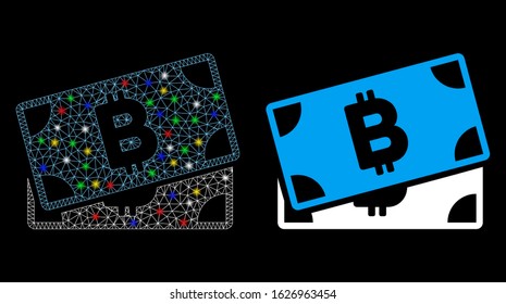 Glossy mesh Bitcoin banknotes icon with glow effect. Abstract illuminated model of Bitcoin banknotes. Shiny wire frame polygonal mesh Bitcoin banknotes icon. Vector abstraction on a black background.